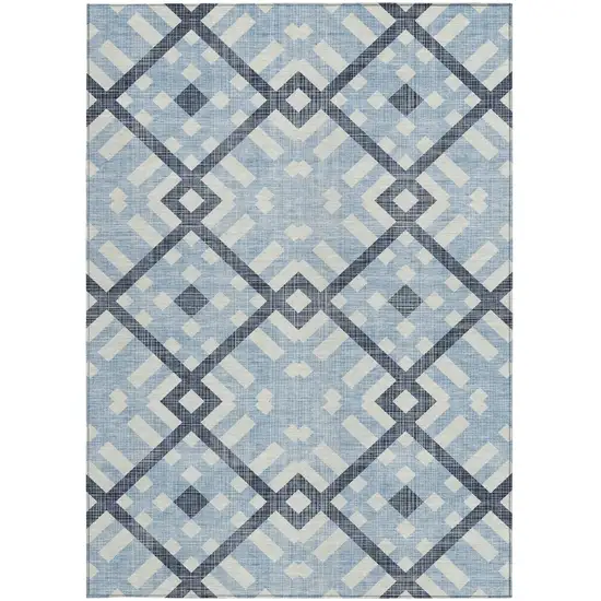 Sky Blue Navy Blue And Ivory Geometric Washable Indoor Outdoor Area Rug Photo 5
