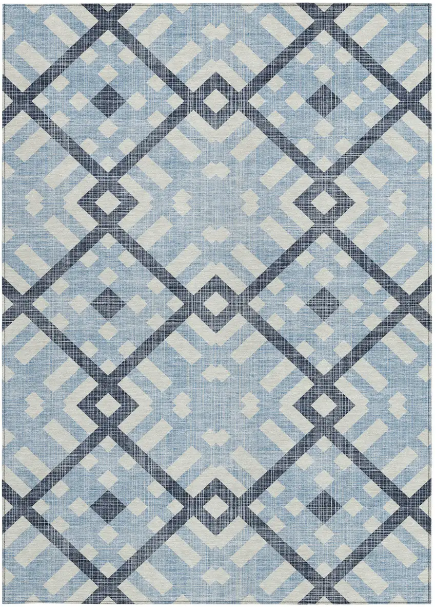Sky Blue Navy Blue And Ivory Geometric Washable Indoor Outdoor Area Rug Photo 5