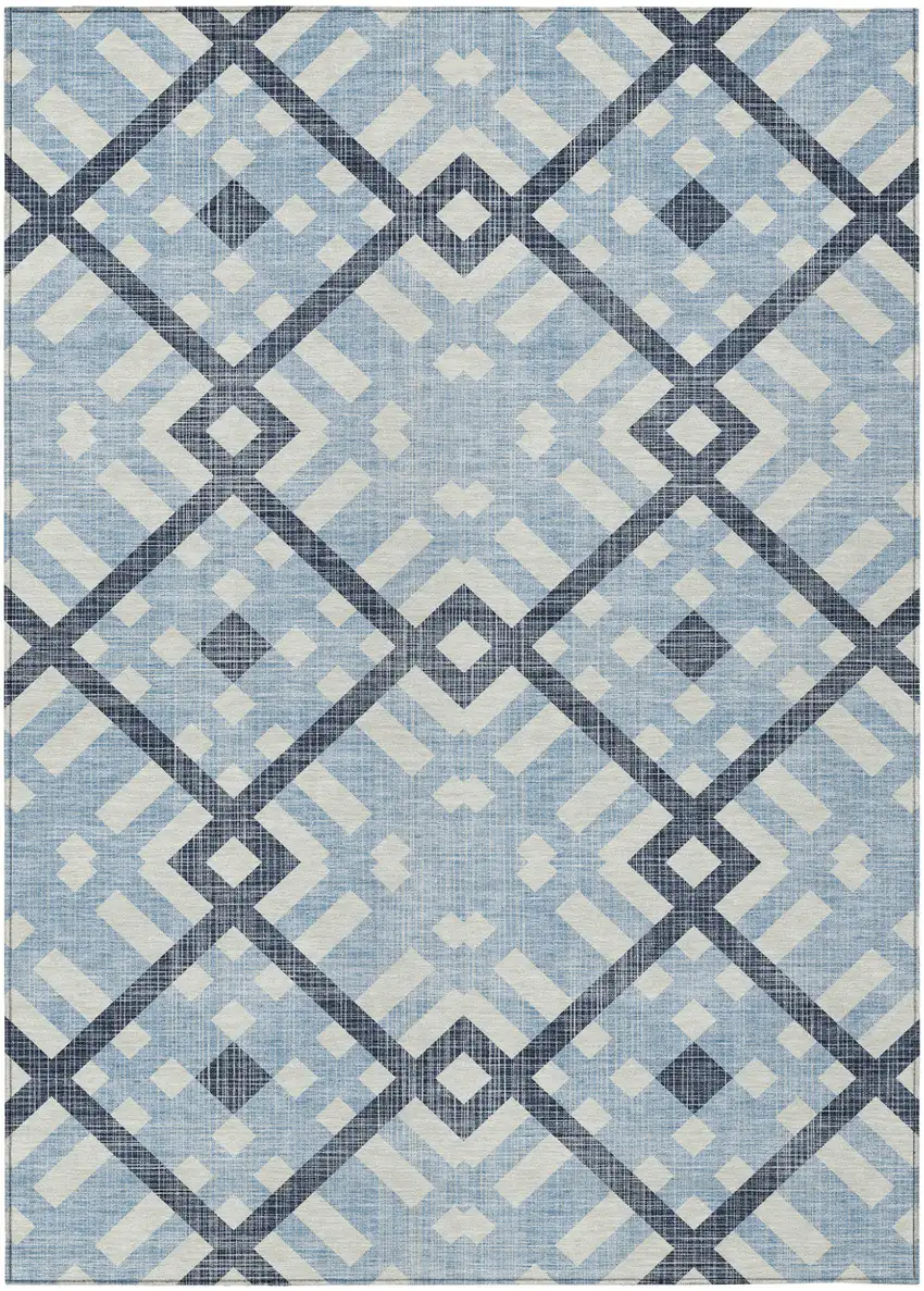 Sky Blue Navy Blue And Ivory Geometric Washable Indoor Outdoor Area Rug Photo 2