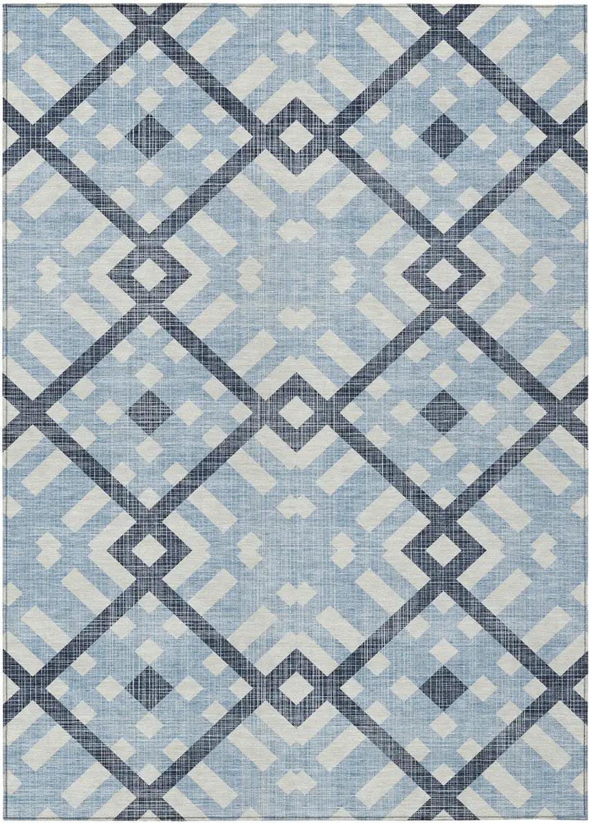 Sky Blue Navy Blue And Ivory Geometric Washable Indoor Outdoor Area Rug Photo 2