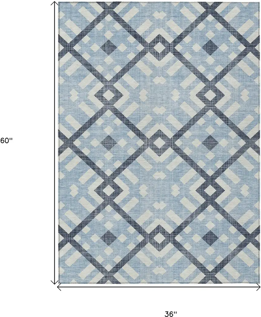 Sky Blue Navy Blue And Ivory Geometric Washable Indoor Outdoor Area Rug Photo 3