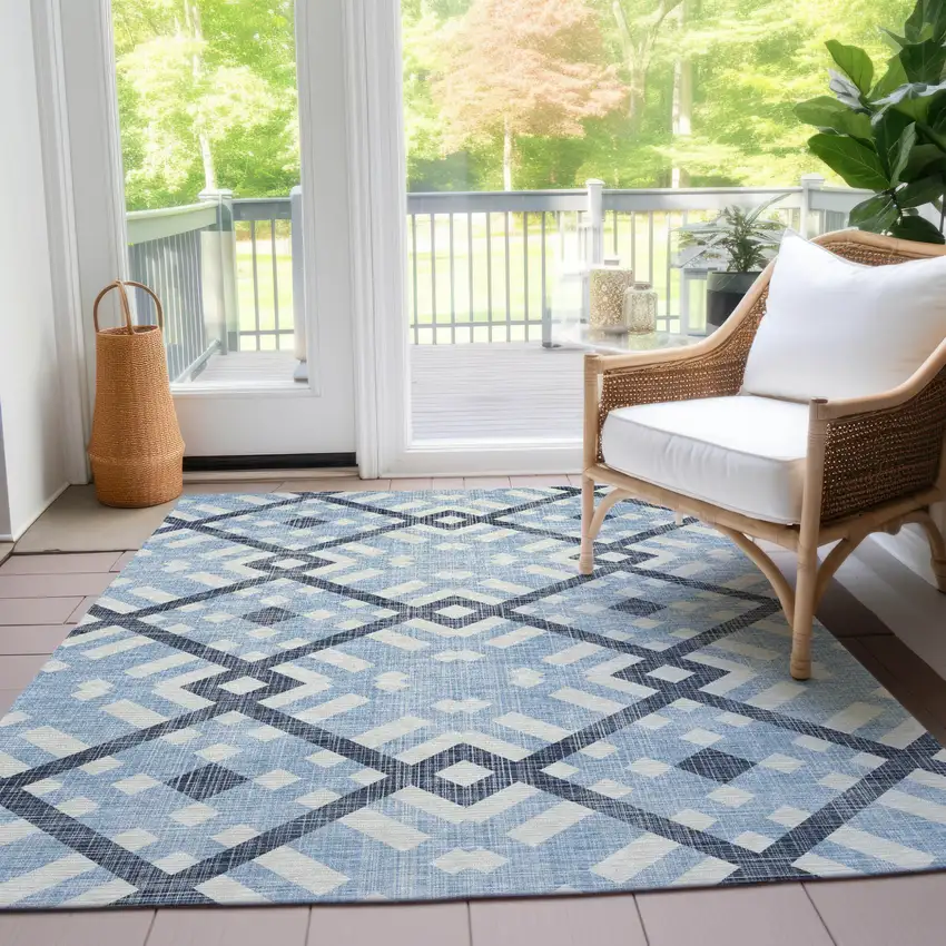Sky Blue Navy Blue And Ivory Geometric Washable Indoor Outdoor Area Rug Photo 8