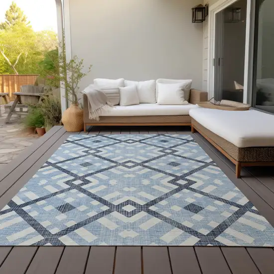 Sky Blue Navy Blue And Ivory Geometric Washable Indoor Outdoor Area Rug Photo 6
