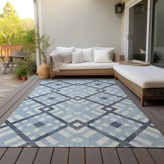 Sky Blue Navy Blue And Ivory Geometric Washable Indoor Outdoor Area Rug Photo 6