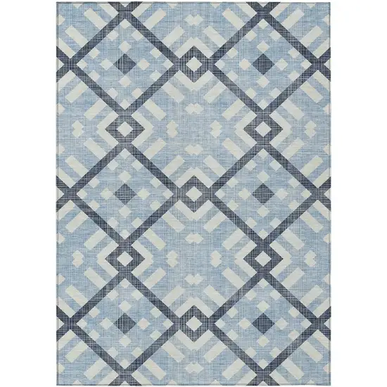Sky Blue Navy Blue And Ivory Geometric Washable Indoor Outdoor Area Rug Photo 2