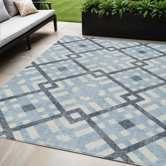 Sky Blue Navy Blue And Ivory Geometric Washable Indoor Outdoor Area Rug Photo 1
