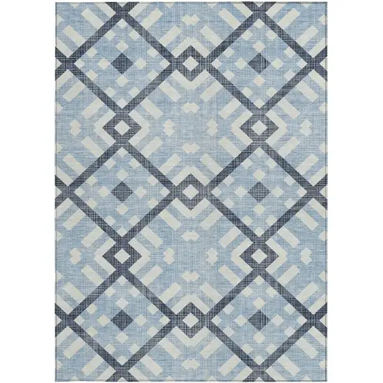 Sky Blue Navy Blue And Ivory Geometric Washable Indoor Outdoor Area Rug Photo 5