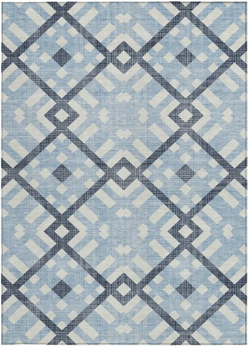 Sky Blue Navy Blue And Ivory Geometric Washable Indoor Outdoor Area Rug Photo 5