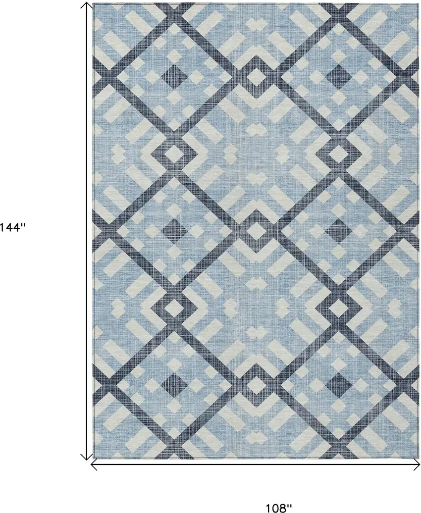 Sky Blue Navy Blue And Ivory Geometric Washable Indoor Outdoor Area Rug Photo 3