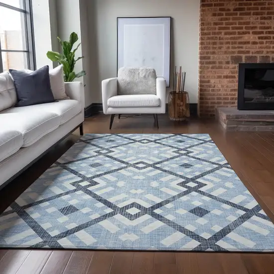 Sky Blue Navy Blue And Ivory Geometric Washable Indoor Outdoor Area Rug Photo 7