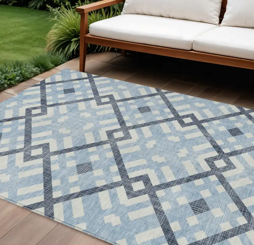 Sky Blue Navy Blue And Ivory Geometric Washable Indoor Outdoor Area Rug Photo 1