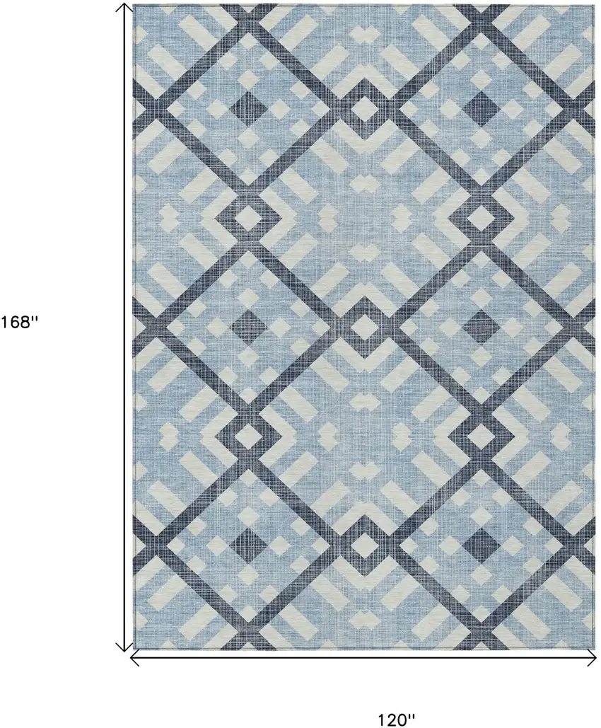 Sky Blue Navy Blue And Ivory Geometric Washable Indoor Outdoor Area Rug Photo 3
