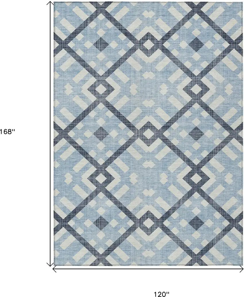 Sky Blue Navy Blue And Ivory Geometric Washable Indoor Outdoor Area Rug Photo 3