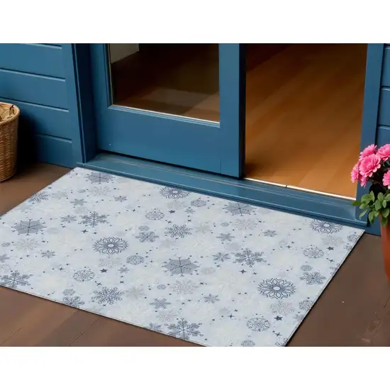 Sky Blue Navy Blue And Ivory Medallion Washable Indoor Outdoor Area Rug Photo 2