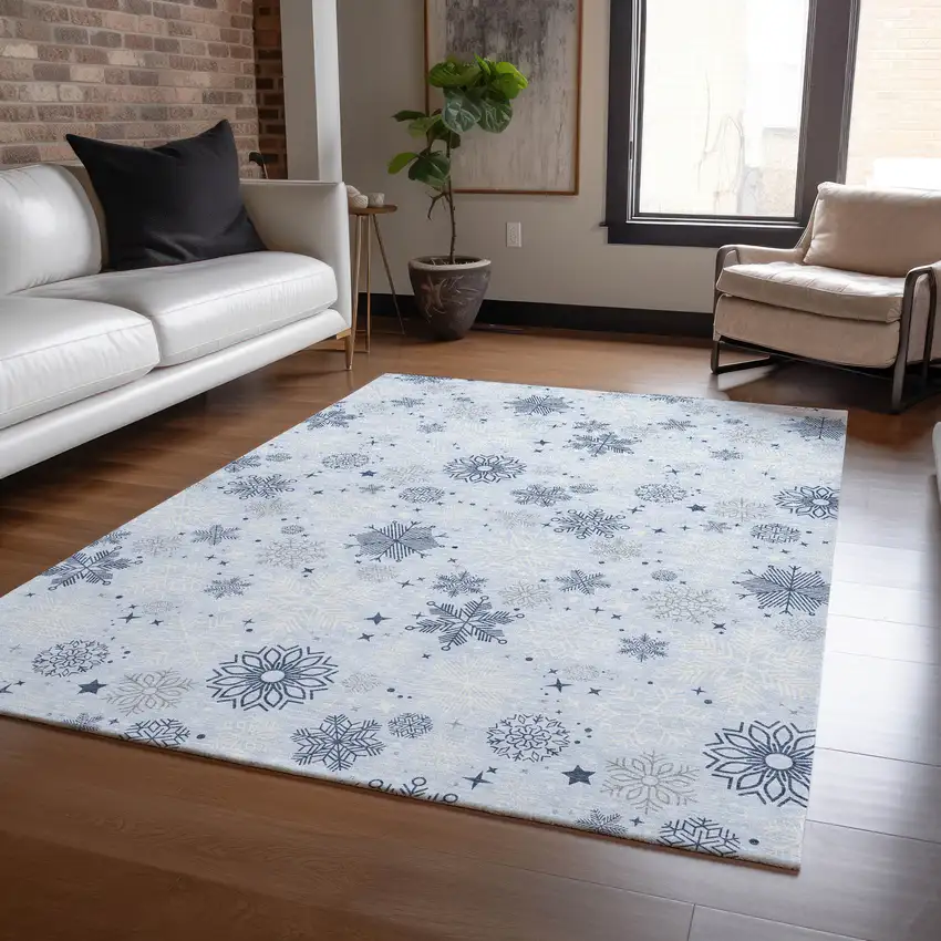 Sky Blue Navy Blue And Ivory Snowflake Washable Indoor Outdoor Area Rug Photo 5