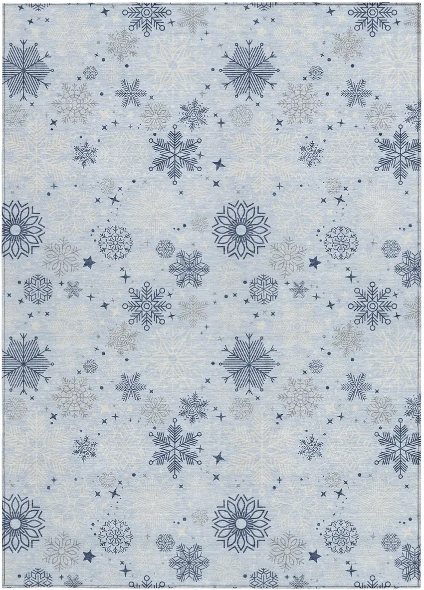 Sky Blue Navy Blue And Ivory Snowflake Washable Indoor Outdoor Area Rug Photo 9