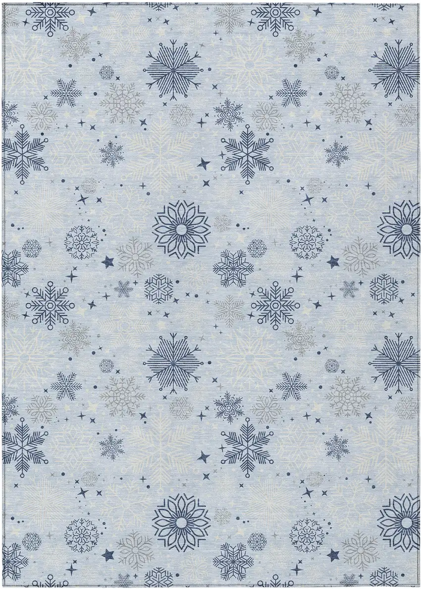 Sky Blue Navy Blue And Ivory Snowflake Washable Indoor Outdoor Area Rug Photo 9