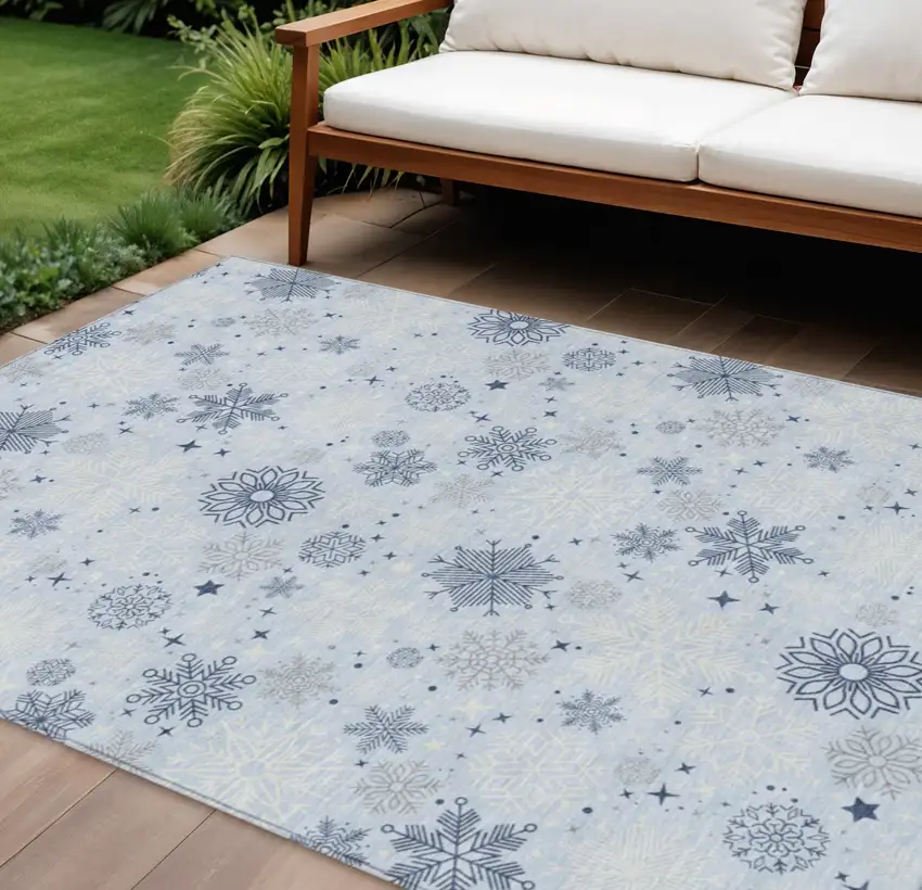 Sky Blue Navy Blue And Ivory Snowflake Washable Indoor Outdoor Area Rug Photo 1