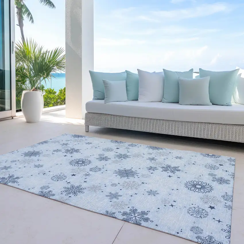 Sky Blue Navy Blue And Ivory Snowflake Washable Indoor Outdoor Area Rug Photo 5