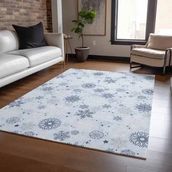 Sky Blue Navy Blue And Ivory Snowflake Washable Indoor Outdoor Area Rug Photo 6