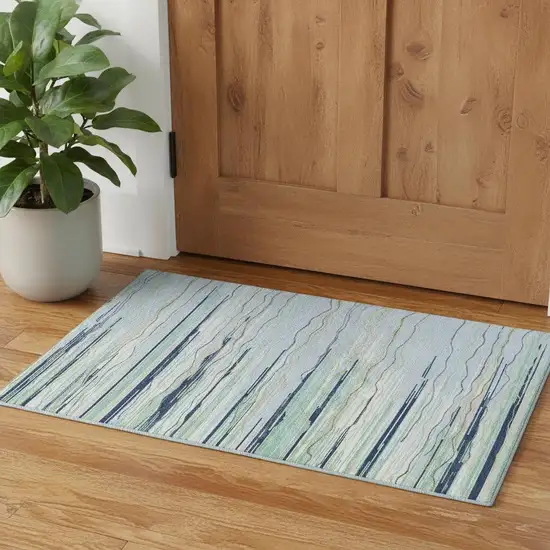 Sky Blue Olive Green And Ivory Striped Washable Area Rug With UV Protection Photo 1