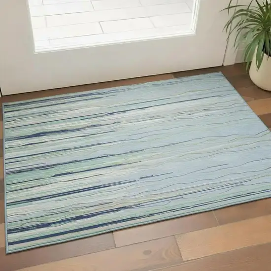 Sky Blue Olive Green And Ivory Striped Washable Area Rug With UV Protection Photo 2