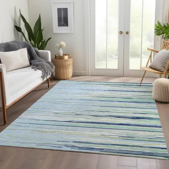 Sky Blue Olive Green And Ivory Striped Washable Area Rug With UV Protection Photo 5