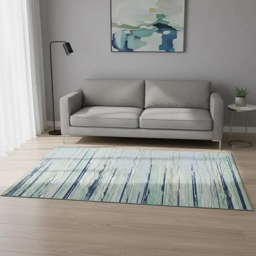 Sky Blue Olive Green And Ivory Striped Washable Area Rug With UV Protection Photo 2