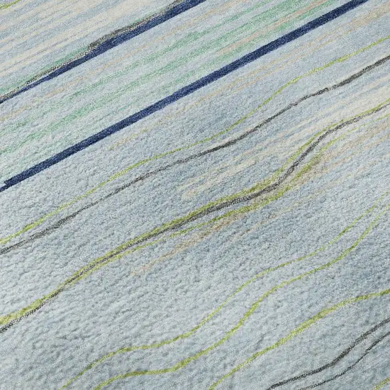 Sky Blue Olive Green And Ivory Striped Washable Area Rug With UV Protection Photo 9