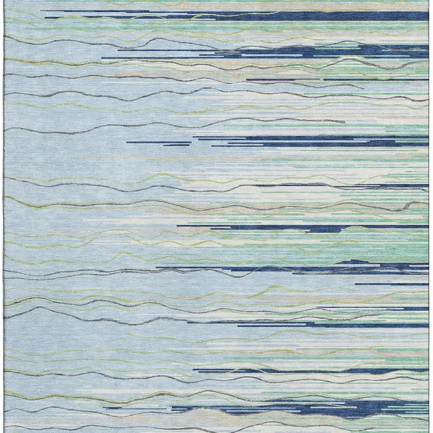 Sky Blue Olive Green And Ivory Striped Washable Area Rug With UV Protection Photo 3