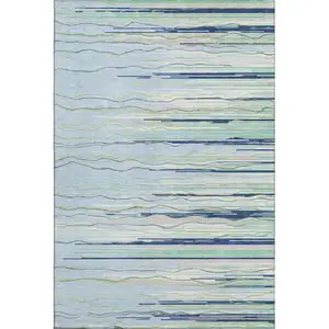 Photo of Sky Blue Olive Green And Ivory Striped Washable Area Rug With UV Protection