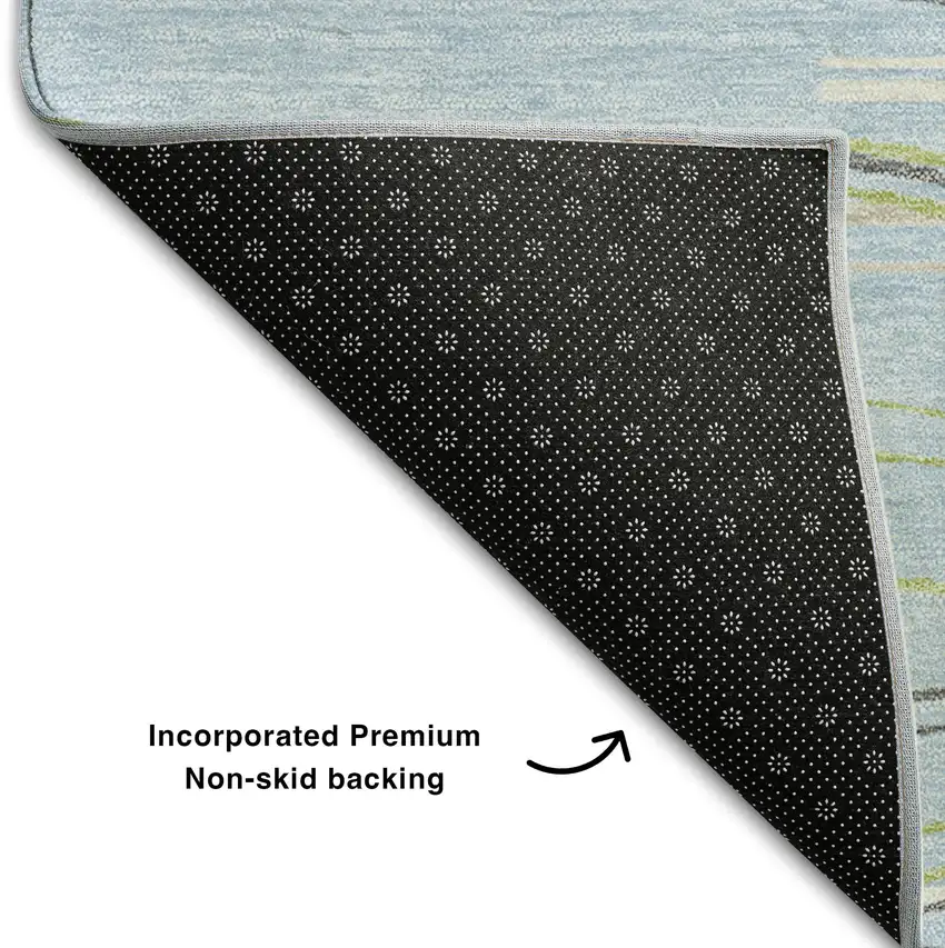 Sky Blue Olive Green And Ivory Striped Washable Area Rug With UV Protection Photo 6