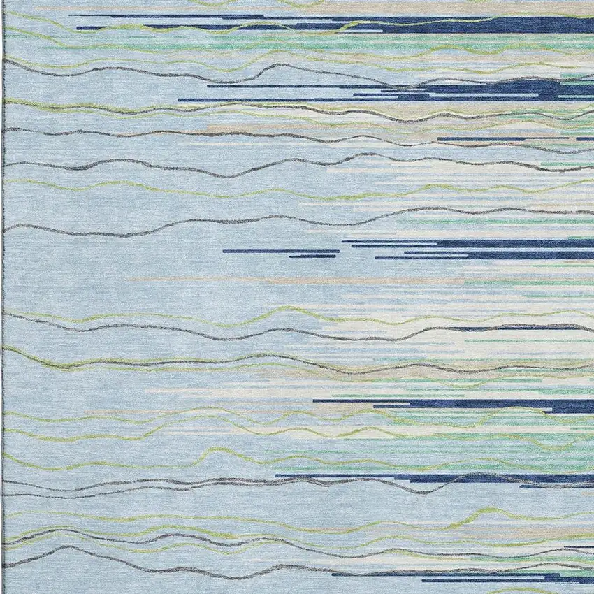 Sky Blue Olive Green And Ivory Striped Washable Area Rug With UV Protection Photo 2