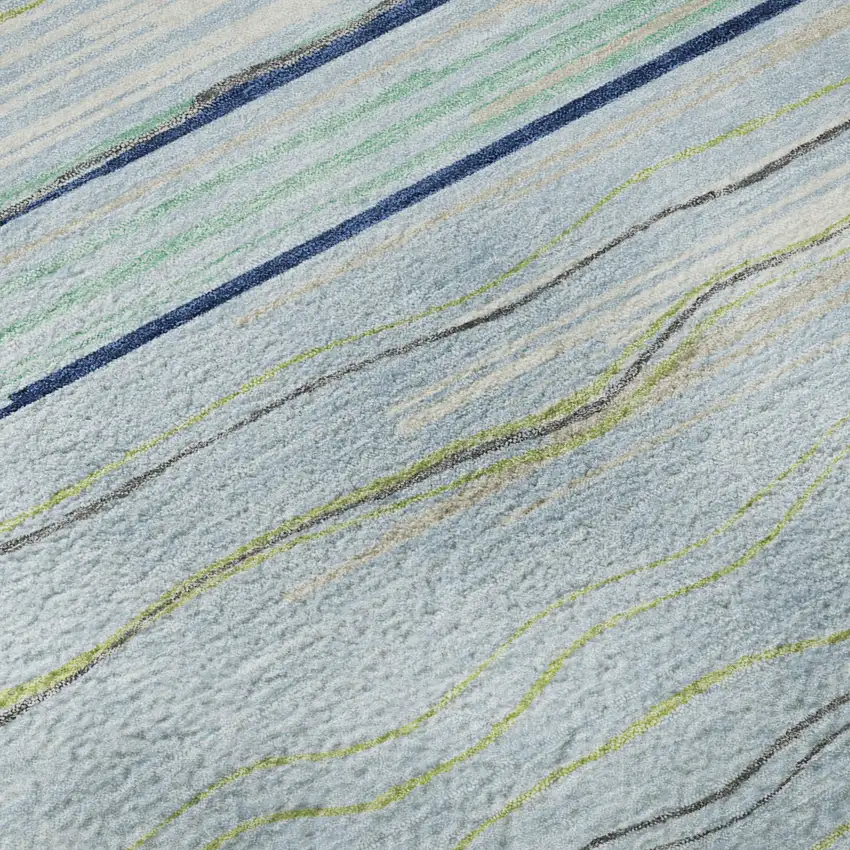 Sky Blue Olive Green And Ivory Striped Washable Area Rug With UV Protection Photo 9