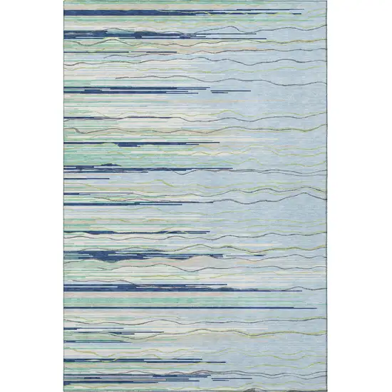 Sky Blue Olive Green And Ivory Striped Washable Area Rug With UV Protection Photo 3