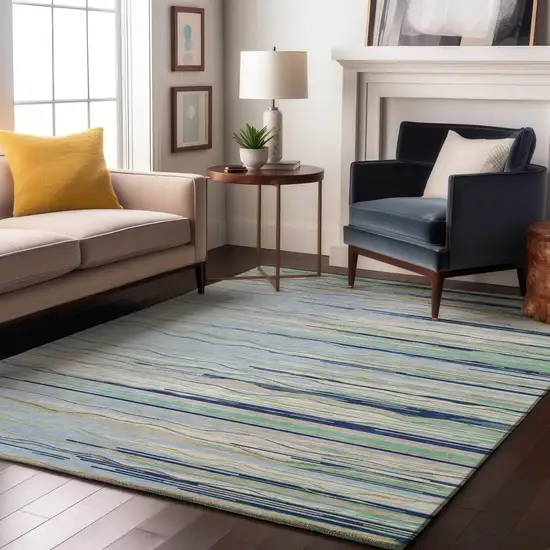 Sky Blue Olive Green And Ivory Striped Washable Area Rug With UV Protection Photo 4