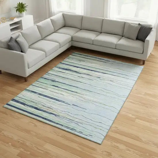 Sky Blue Olive Green And Ivory Striped Washable Area Rug With UV Protection Photo 2