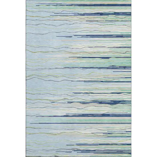 Sky Blue Olive Green And Ivory Striped Washable Area Rug With UV Protection Photo 1