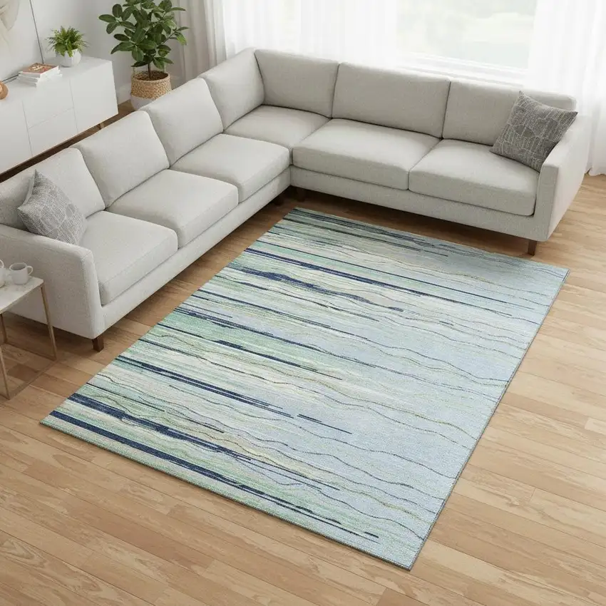 Sky Blue Olive Green And Ivory Striped Washable Area Rug With UV Protection Photo 2