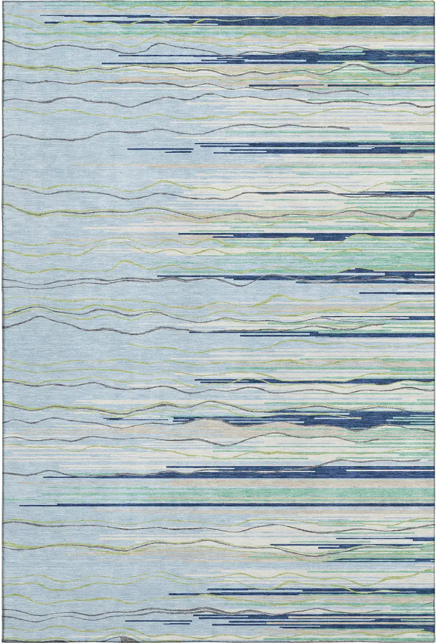 Sky Blue Olive Green And Ivory Striped Washable Area Rug With UV Protection Photo 1