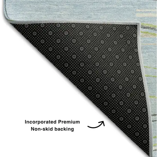 Sky Blue Olive Green And Ivory Striped Washable Area Rug With UV Protection Photo 6