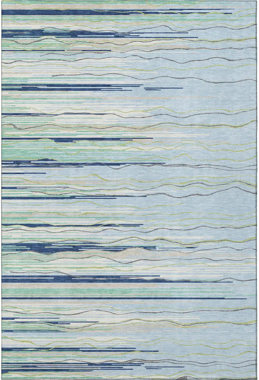 Sky Blue Olive Green And Ivory Striped Washable Area Rug With UV Protection Photo 3