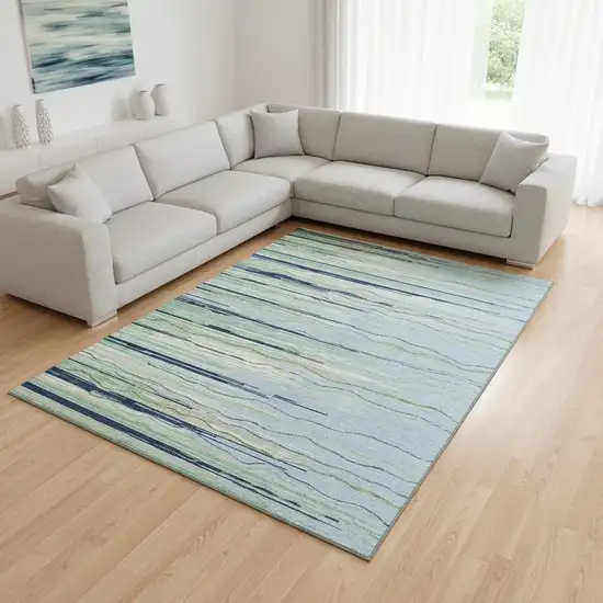 Sky Blue Olive Green And Ivory Striped Washable Area Rug With UV Protection Photo 2