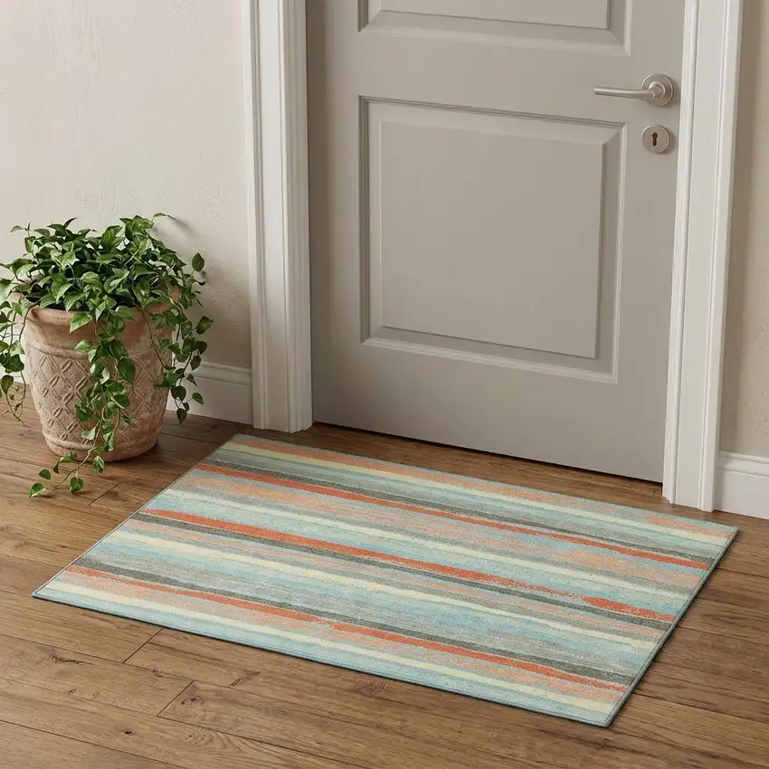 Sky Blue Orange And Ivory Striped Washable Area Rug With UV Protection Photo 1
