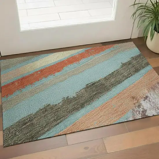 Sky Blue Orange And Ivory Striped Washable Area Rug With UV Protection Photo 2