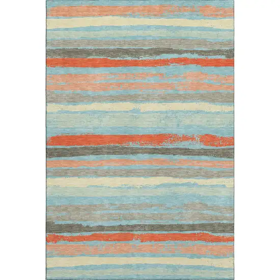 Sky Blue Orange And Ivory Striped Washable Area Rug With UV Protection Photo 4