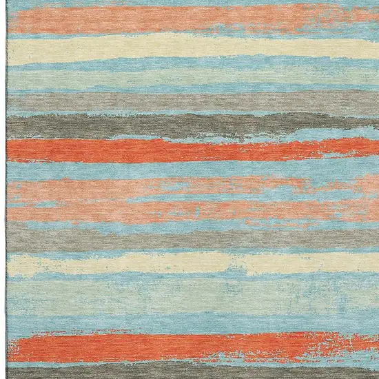 Sky Blue Orange And Ivory Striped Washable Area Rug With UV Protection Photo 3