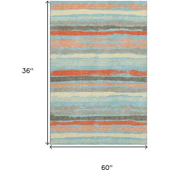 Sky Blue Orange And Ivory Striped Washable Area Rug With UV Protection Photo 8