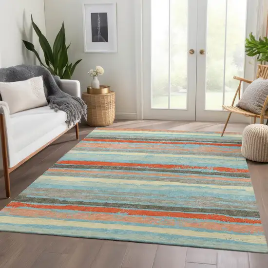 Sky Blue Orange And Ivory Striped Washable Area Rug With UV Protection Photo 3