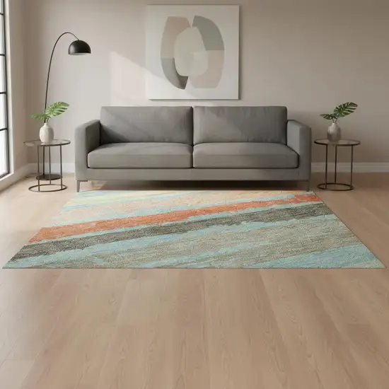 Sky Blue Orange And Ivory Striped Washable Area Rug With UV Protection Photo 2